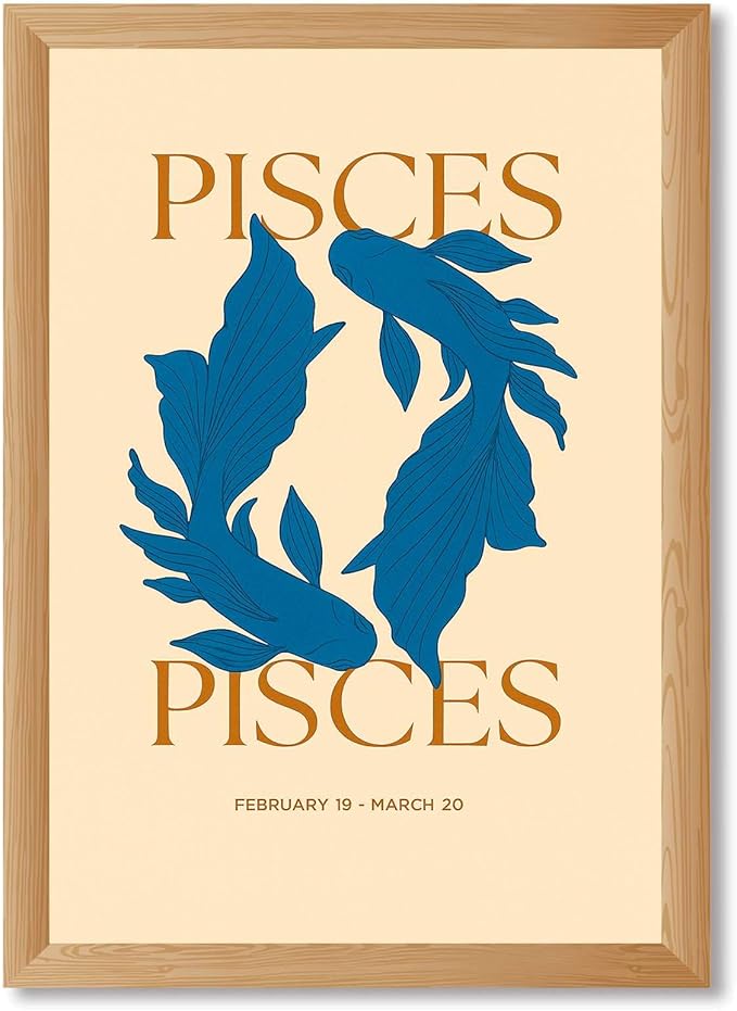 Framed Pisces Zodiac Sign Canvas Print Art, Modern Wall Art Painting, Cute Fish Pictures,Trendy Home Decor, Decoration for Living Room, Bedroom Wall Decor Art Print (Wood Framed,8L X12W)