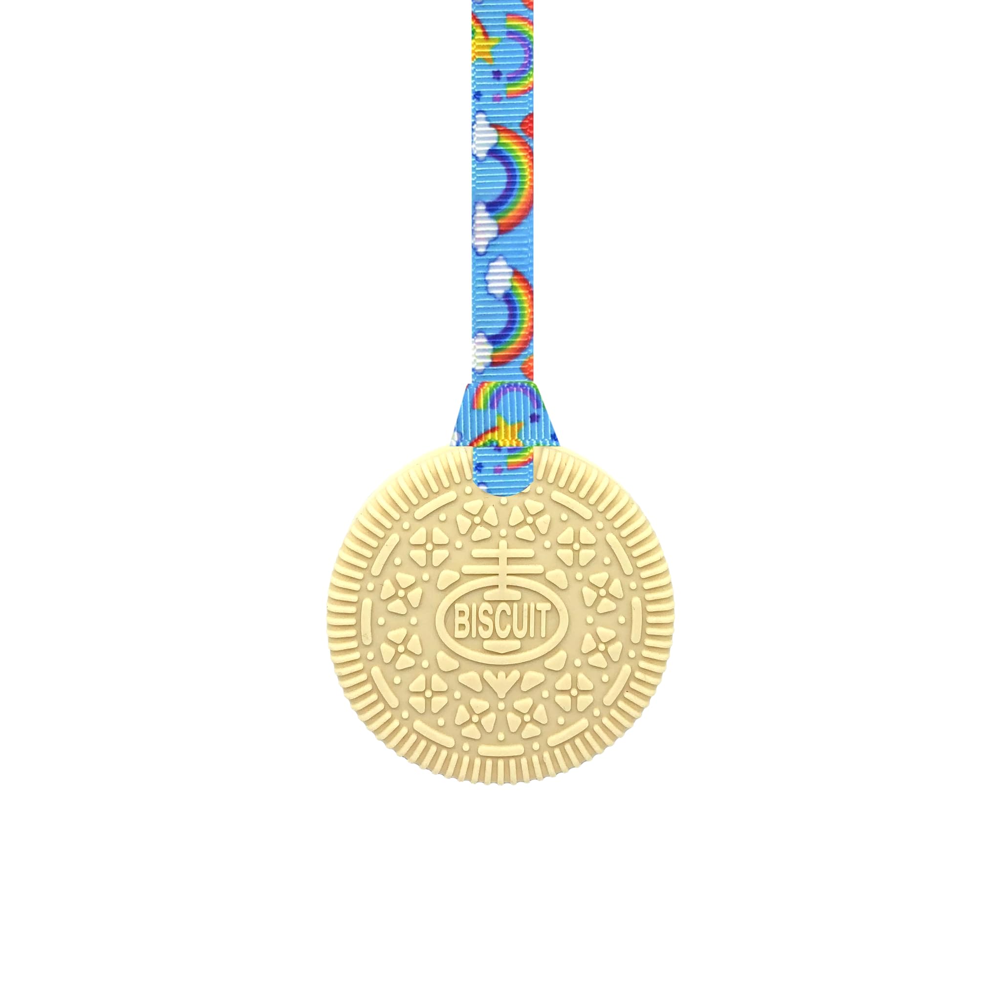 Sensory Oojamabobs Biscuit Sensory Chew Necklace with Lanyard - Custard - for Kids with Autism, Anxiety & ADHD - 100% Food Grade Silicone (Rainbows, 70cm Lanyard)