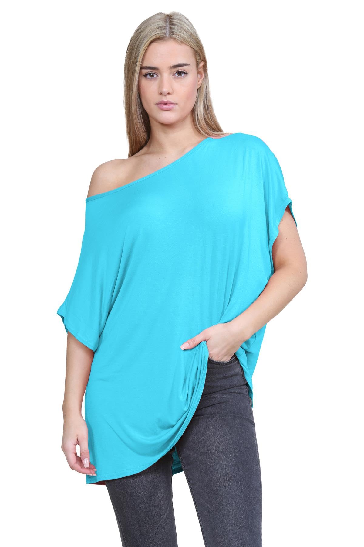 Hamishkane Women's Turquoise Hamishkane® Bardot Baggy Style Oversized T Shirt For - New Plain Off The Shoulder Batwing Top, Fashionable Tops For Casual Party Wear
