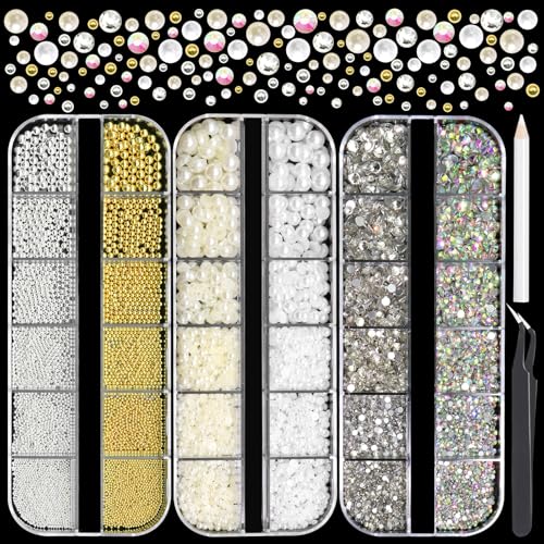 RODAKY White Beige Pearls Flatback Rhinestone for Bedazzling AB Crystal Gems Metal Round Beads Mixed Size Pearl Decoration Kit for DIY Craft Embellishment