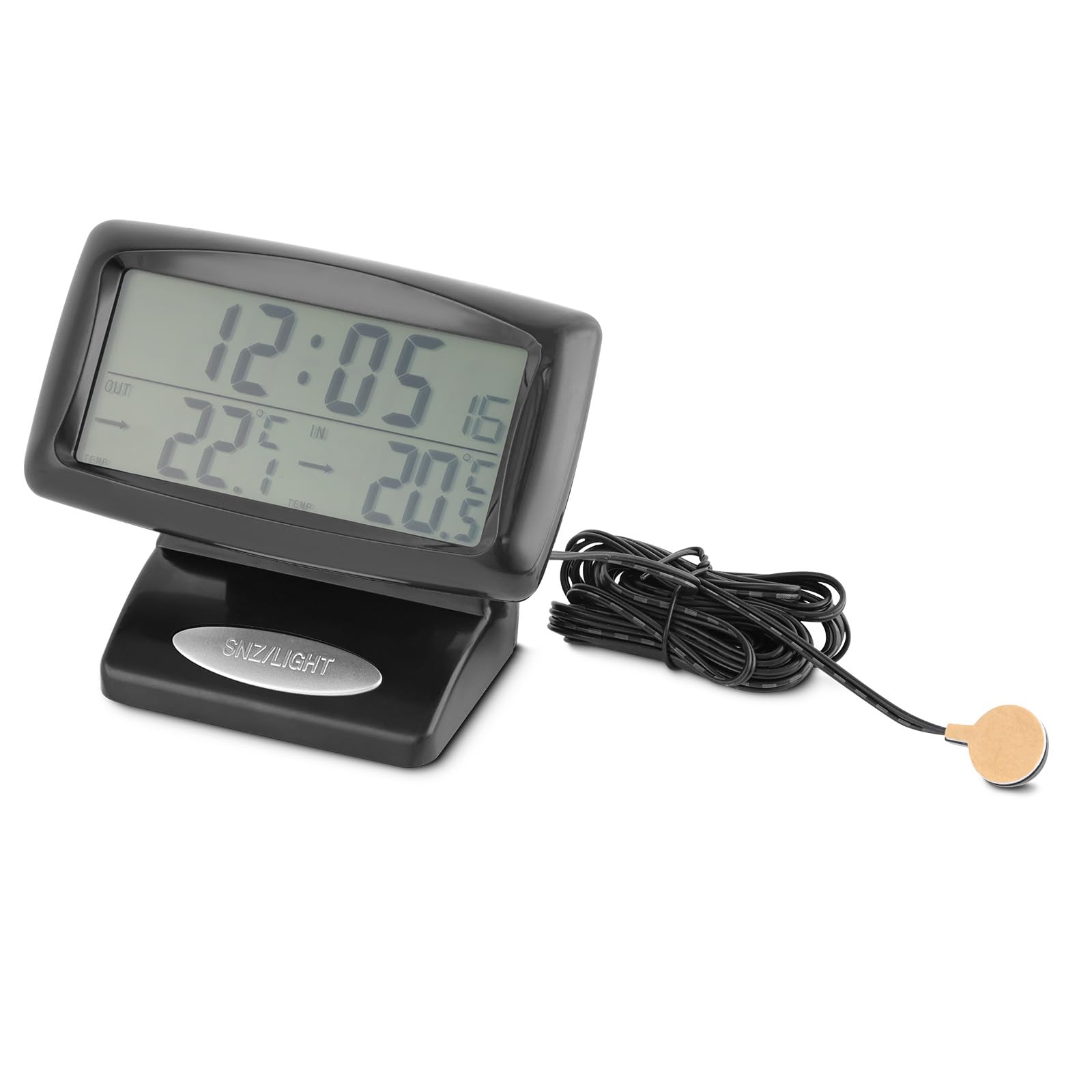 Riloer Reloj temperatura coche, Termómetro de medición de temperatura dentro y fuera del coche, retroiluminación LCD azul con pantalla digital y termómetro, Reloj de 12/24 horas ajustable