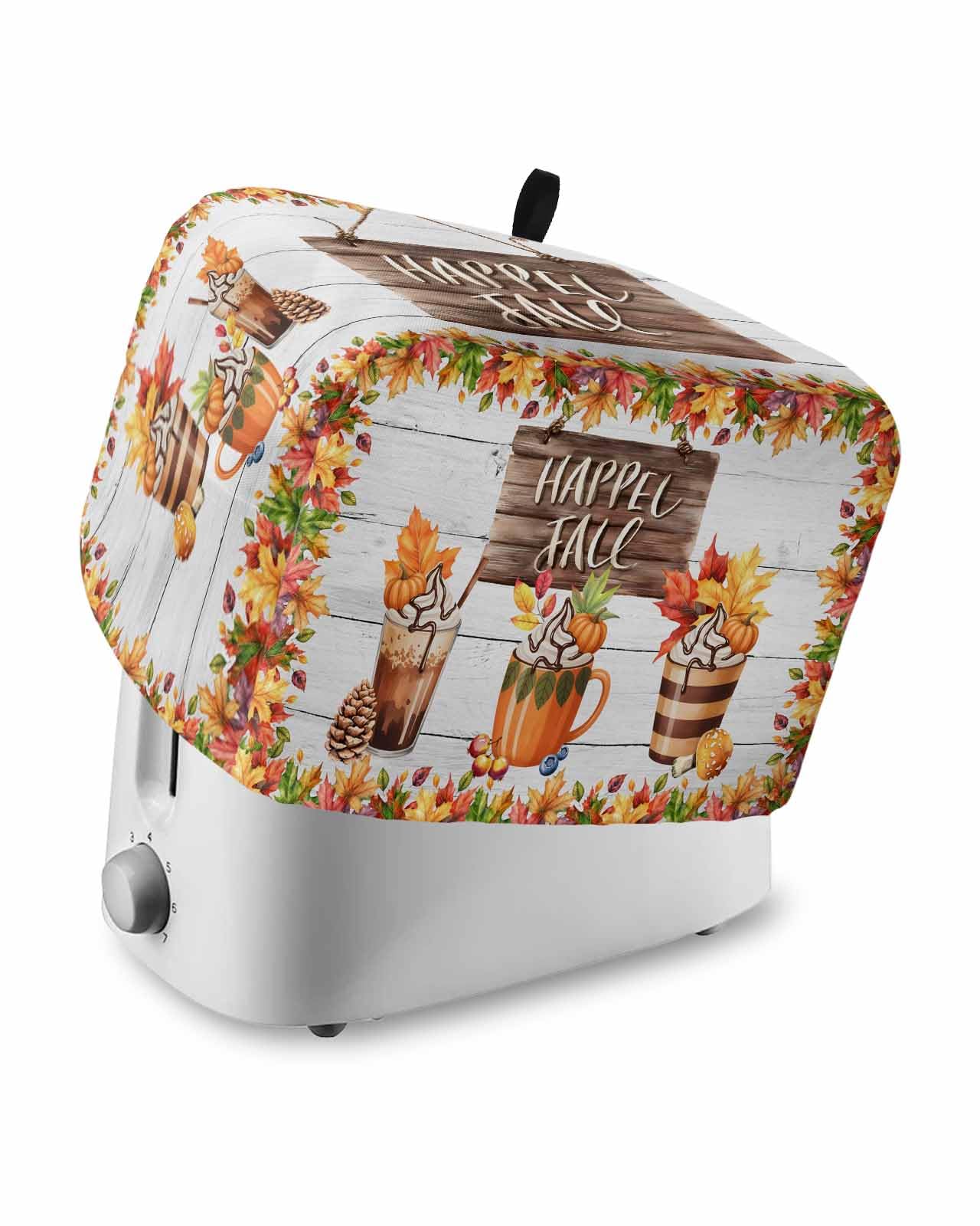 Fall Toaster Cover 2 Slice, Maple Leaf Pinecone Pumpkins Wood Grain Bread Maker Dust Cover with Pockets for Kitchen Small Appliance 11x6x8in