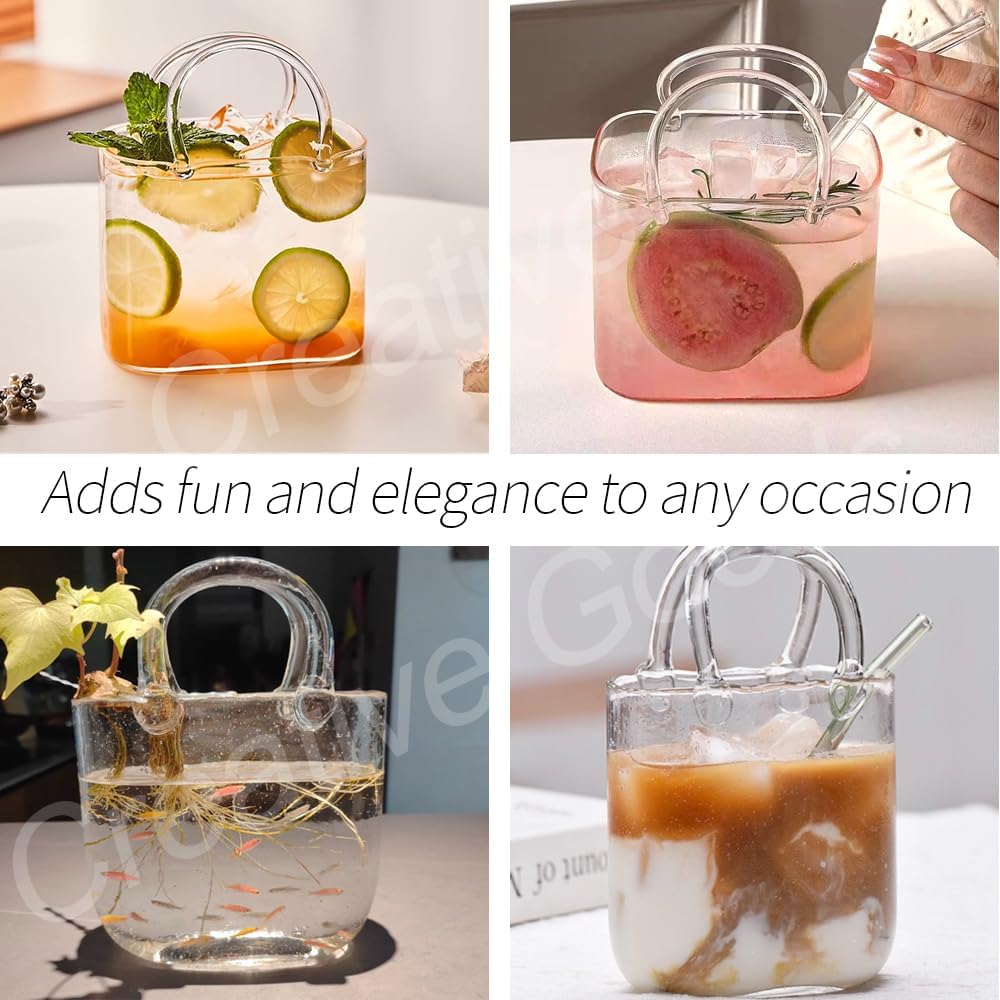 Glass Purse for Drinks, 770ml/26oz Handbag Shaped Drinking Glass with Straw, Cute Cocktail Cup for Juice, Tea & Wine, Creative Gift for Women Party Decor or Vase (4PC)