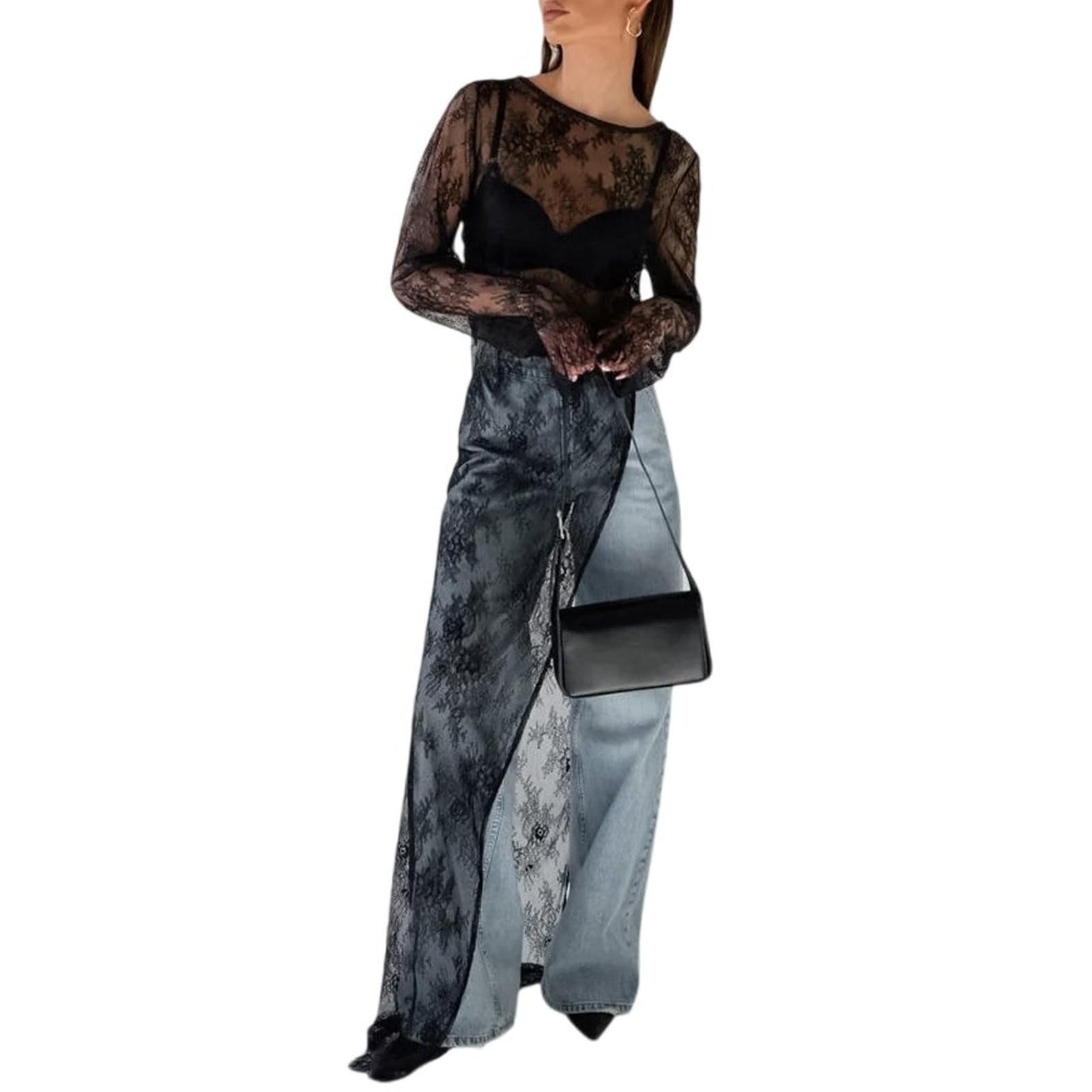 Femmes Dentelle Long Blouse Tops Sexy Voir À Travers Maille À Manches Longues Haut Split Y2K Robe Chemise