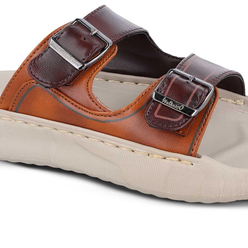 Image of WALKAROO Men's Slide Sandals with Soft Sole, Broad Straps with Buckles and Lightweight - WC8764
