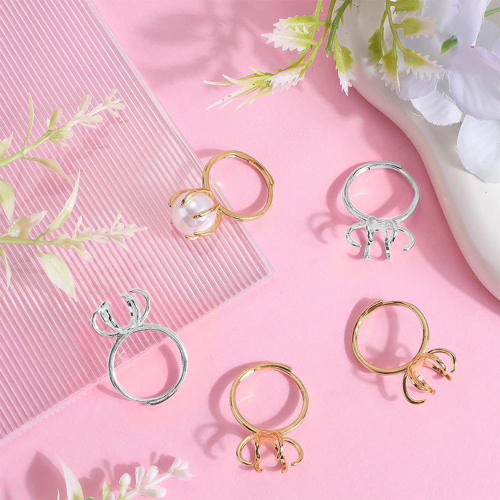 Beebeecraft 4Pcs 2 Colors Prong Ring Blanks 18k Gold & 925 Sterling Silver Plated Adjustable Ring Bezel Setting Tray Component Findings for Jewelry Making