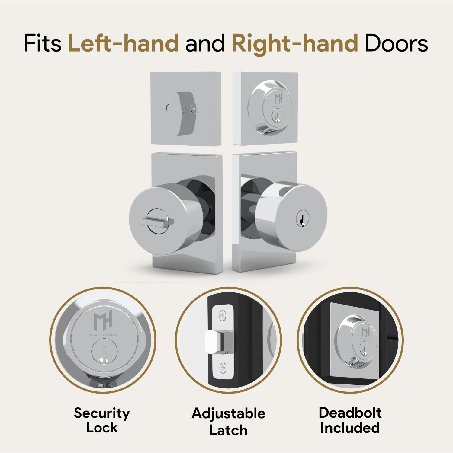 Mega Handles Laura - Pomo para puerta de entrada y cerrojo cromado - Combo con llave | Aleación de zinc macizo, cromo pulido, perilla redonda moderna, roseta rectangular, reversible izquierda o derecha