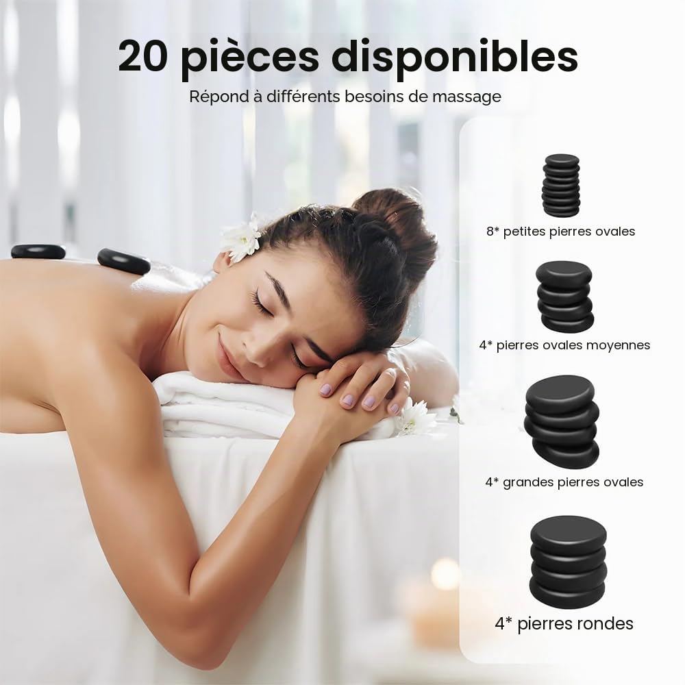 NEWFUM 20 Pierres de Massage Chaudes, Pierres de Massage Portables avec Chauffage pour Usage Domestique, Idéales pour le Spa, la Massothérapie et la Relaxation