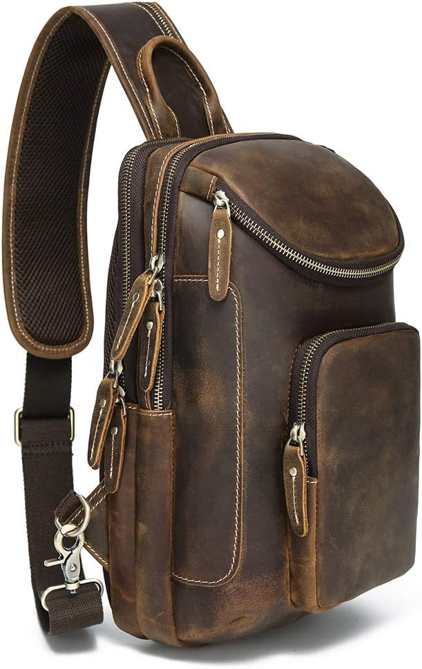 Vintage Full Grain Leather Sling Bag Crossbody Chest Daypack Fits 10.5" iPad