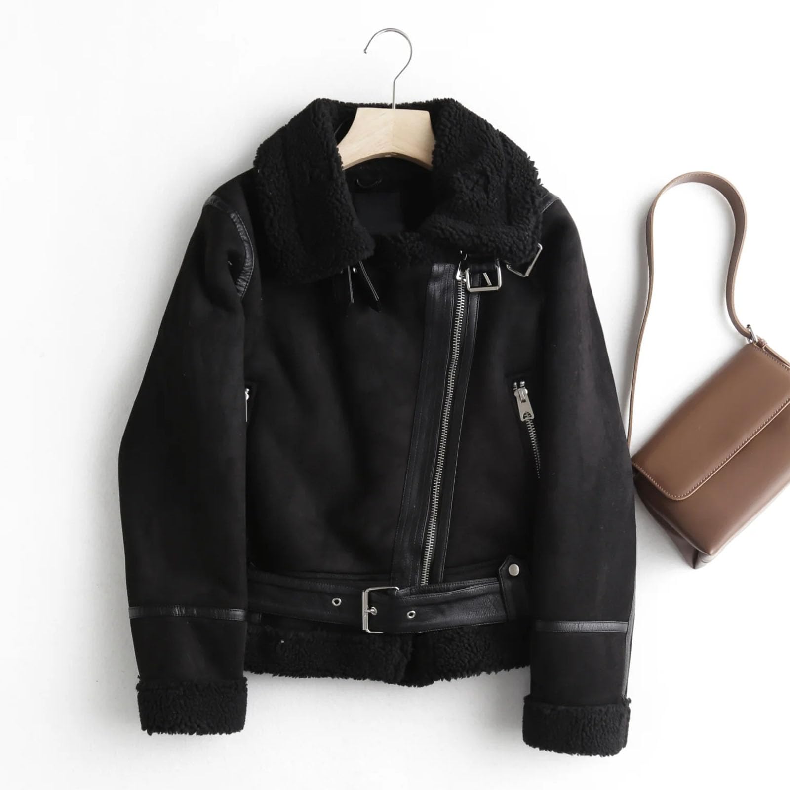 Veste en similicuir pour femme, parka épaisse doublée avec fermeture éclair et poches