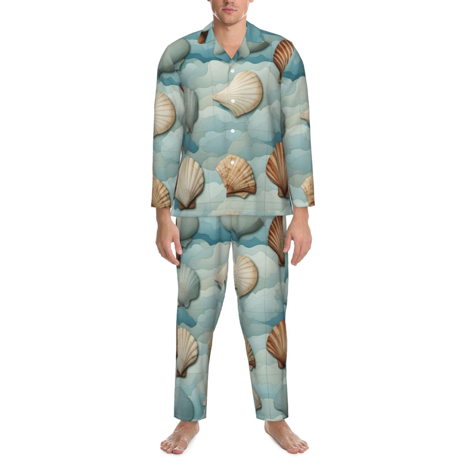 Herren-Pyjama-Set, langärmelig, Muschelmuster, zweiteilig, bequem, Nachtwäsche