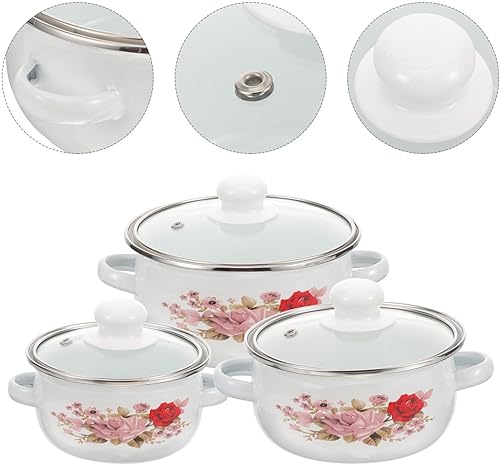 Miniatura 4 de Juego de utensilios de cocina esmaltados de 3 piezas, olla de esmalte con tapa floral retro olla de sopa profunda para restaurante casero
