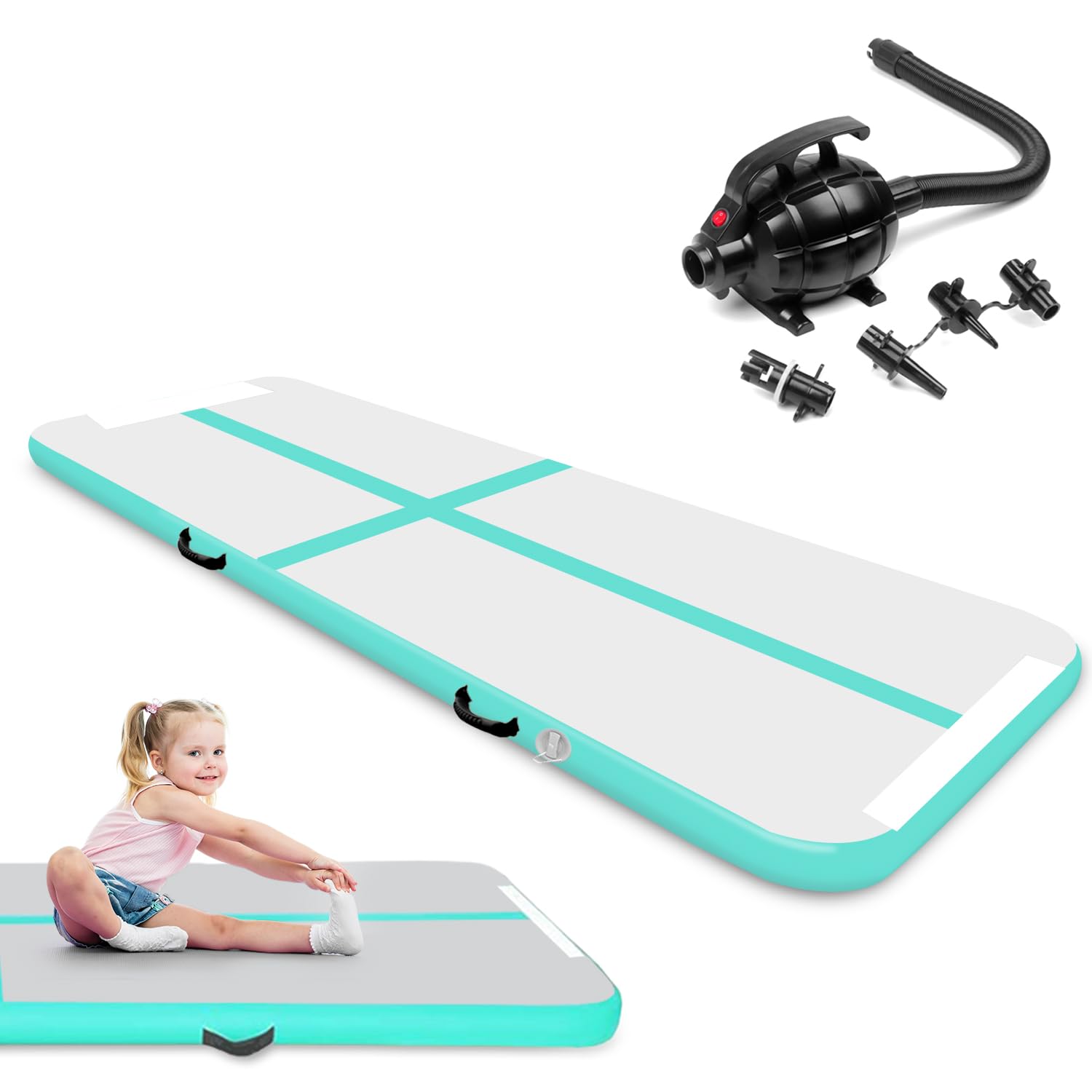 3M / 4M Inflatable Gymnastics Tumbling Mat 10cm Thickness Air Floor Mat Tumble Track for Home Use/Training/Yoga/Water Fun/Pilates with Electric Pump (4m, Green (with pump)) — image 1