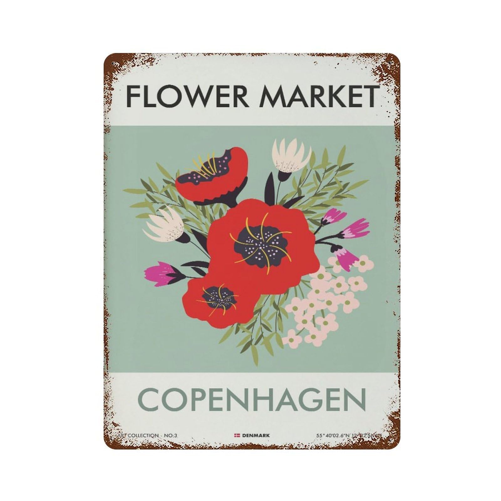 xiaoxiaoshen Flower Market COPENHAGEN Floral Florist Gift, Minimalist Wall Decor Art Metal Tin Poster Modern Home Decor Art Home Bar Shop Decorations Vintage Sign 40x30cm