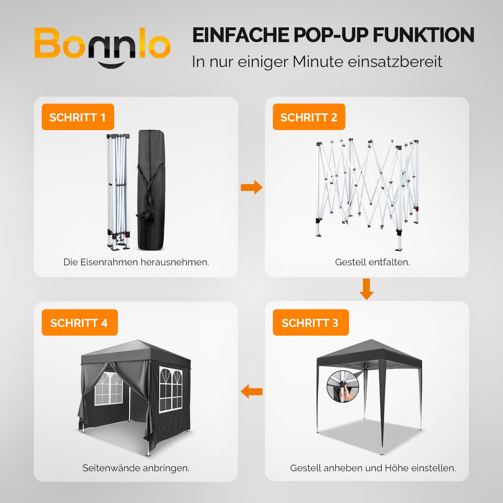 Bonnlo Pop-up Pavillon, Faltpavillon 2x2m, Höhenverstellbar, Wasserdicht Partyzelt mit 4 Seitenteilen, Gartenpavillon für Outdoor Hochzeit Garten Camping Party, Grau