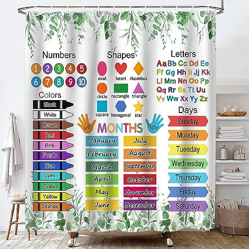 Alphabet Shower Curtains, Kids Educational Shower Curtains for Bathroom Fabric Learning Tool Unisex Bathroom Curtain with 12 Hooks 70X70Inch