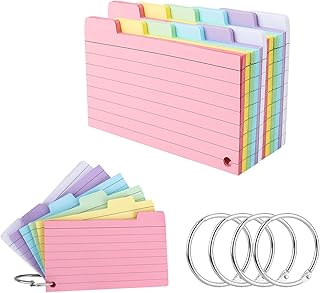 300PCS A7 Ruled Index Cards, 3x5 Inches Revision Cards with 3 Rings, Flash Cards Assorted Colours Record Cards Punched Note Cards for Student Essentials Learning Note Taking to Do List