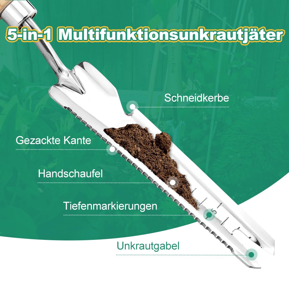 Berry&Bird Multifunktions-Unkrautjäter 37,8 cm, Unkrautstecher mit Stiel aus Eschenholz, Edelstahlkopf mit Maß Unkrautstecher, Handjätgerät für den Garten, Gras- und Erdflächen, für Graben Jäten Lösen