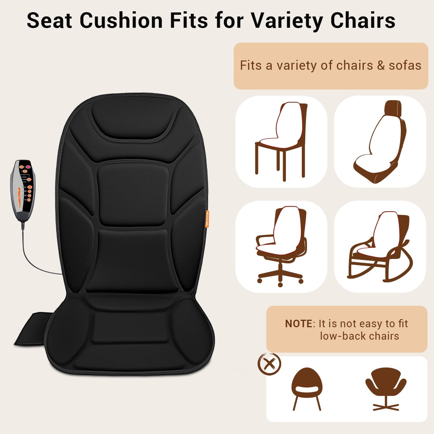 CARSHION Massage Seat Cushion with Full Back Thighs Heat Back Massager for Chair with 3 Heating Pads 6 Vibrating Motors, Massage Chair Pad for Home Office, Heated Seat Cover Warmer for Pain Relief