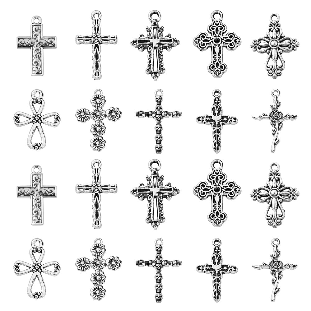 KitBeads 100 dijes de cruz tibetana de aleación de estilos mixtos de Jesucristo, dijes de cráneo gótico de rosas huecas para hacer joyas a granel