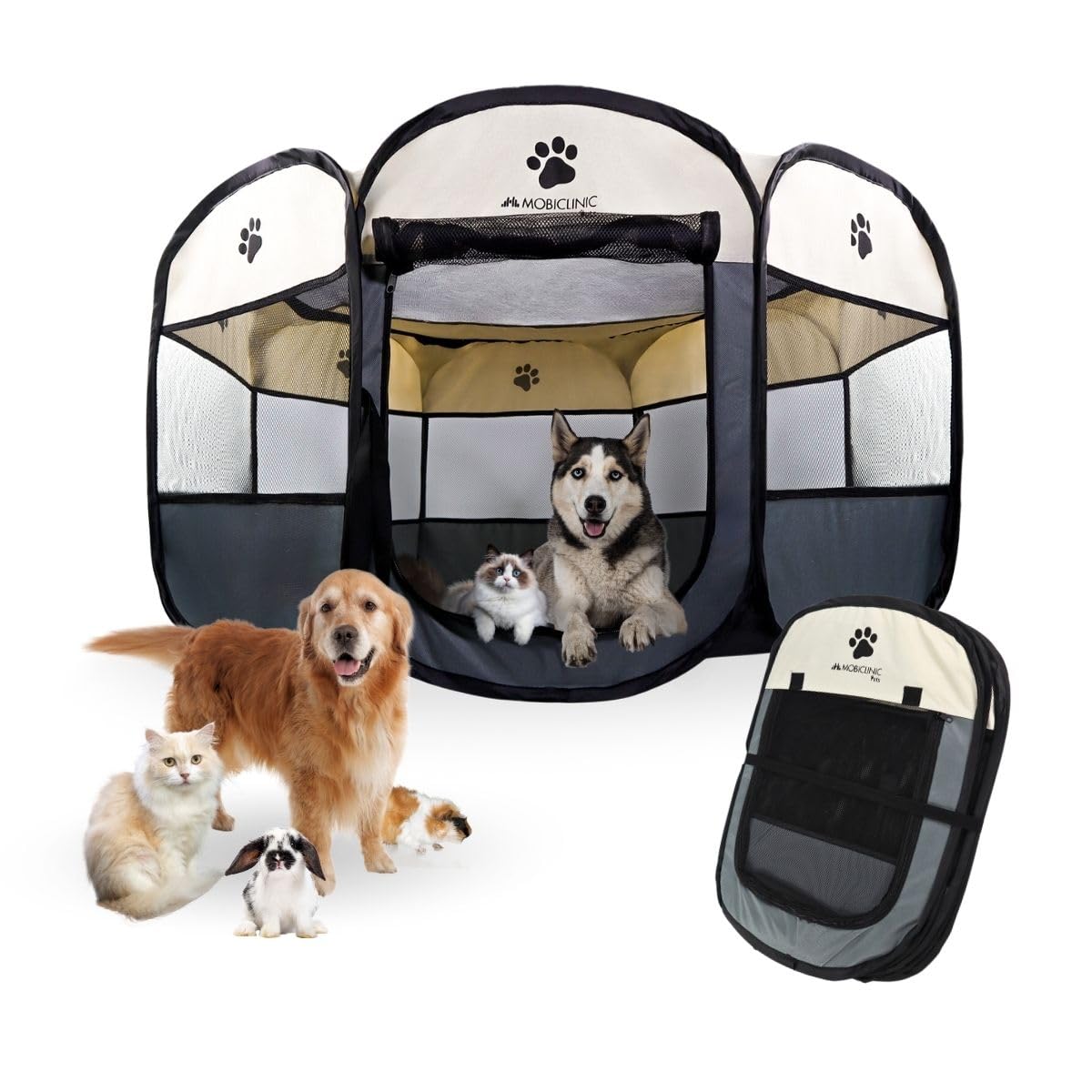 Mobiclinic® Pets, Parque para Perros, Plegable, 114x114x58cm, Scooby, 2 accesos, 8 Ventanas, Cinta elástica Guardar, Interior y Exterior, Tela de Malla 600d, Fácil Limpiar, Gris