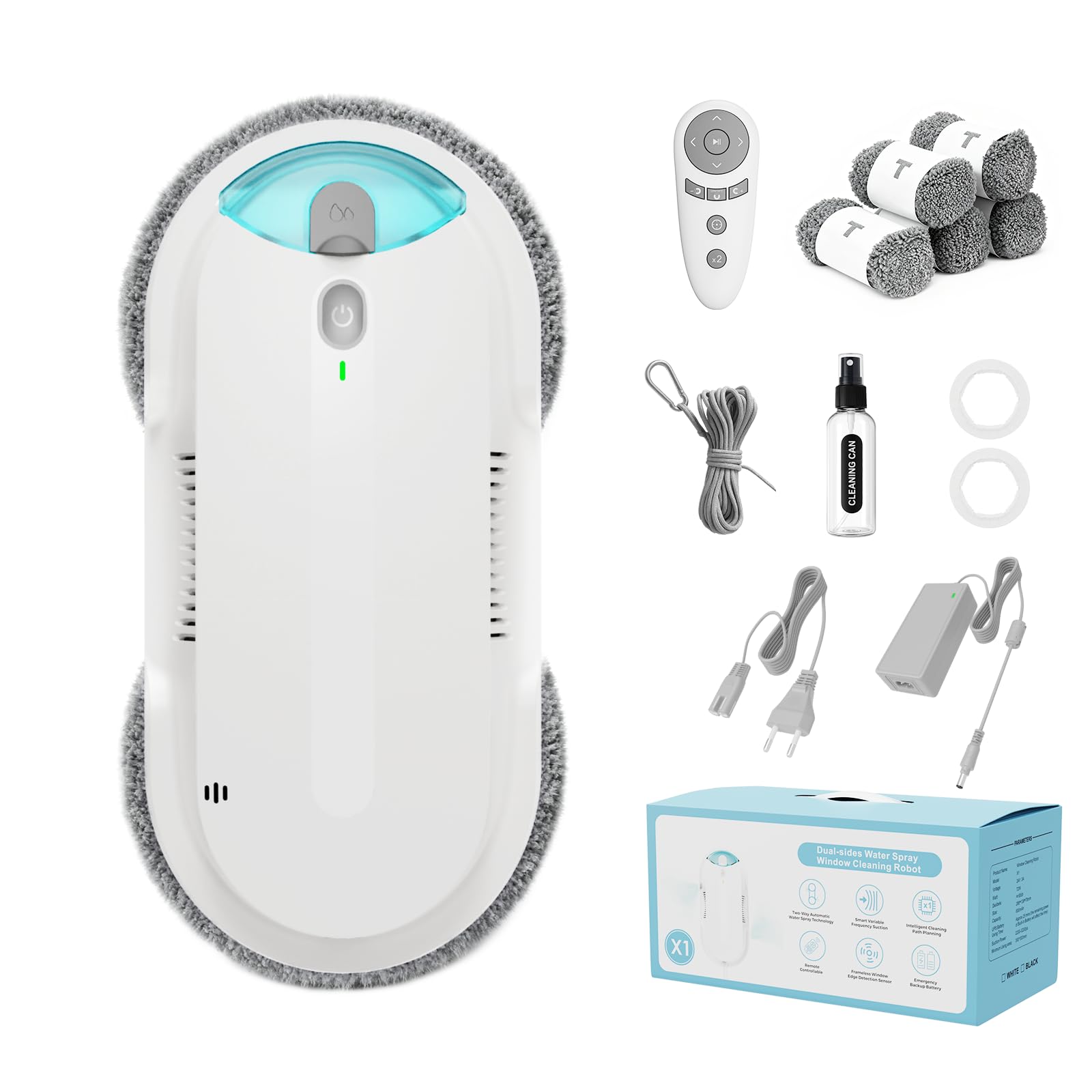 Fensterputzroboter mit Bidirektionaler Ultraschall-Wasserstrahl, | Doppelhelix4800-6400Pa,Extern und Intern 85 ml Tank, Kantenerkennung, Gründliche Reinigung, Hinterlässt Keine Spuren