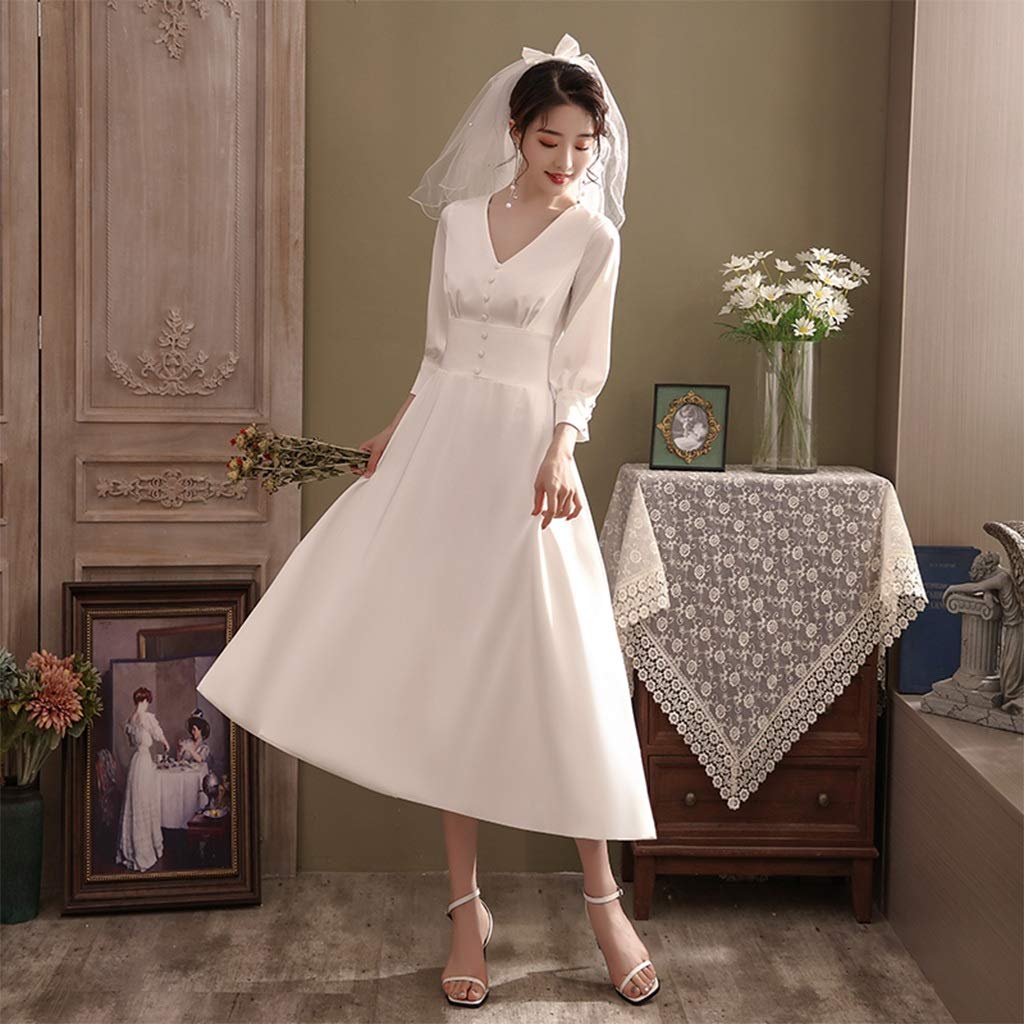 Vestido de novia de satén, vestidos de novia, vestidos formales de novia, falda de manga larga para mujer, faldas casuales, bonito vestido (color: blanco con velo, talla: mediana) (blanco con velo)