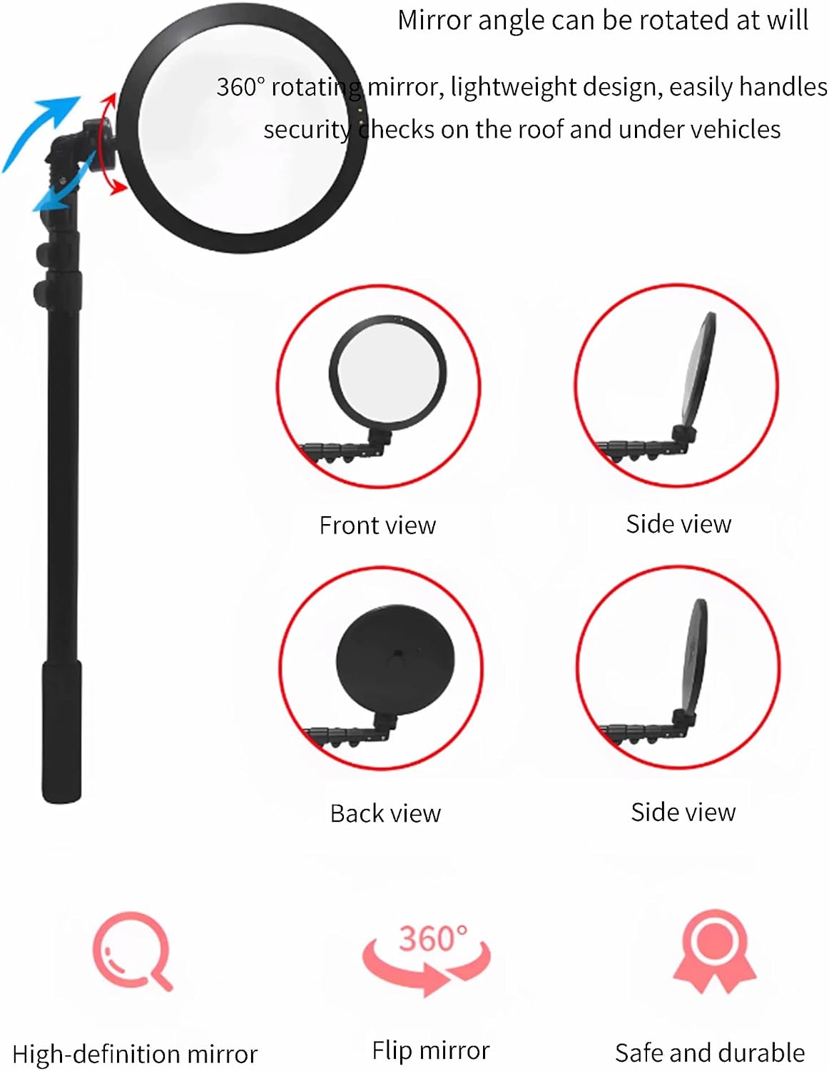 16cm Extendable Inspection Mirror for Under Vehicle Safety Check, Automotive Inspection Tool, Durable Industrial Use, Adjustable Mirror for Mechanics and Technicians