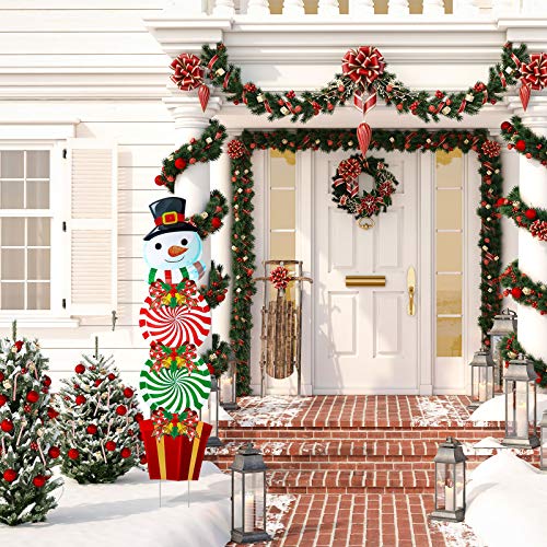 Décorations Piquets Signes de Cour de Noël Décor de Cour en Plastique de Bonhomme de Neige de Noël Panneaux de Jardin de Bonbons de Bonhomme de Neige en Plein Air avec Piquets, 54 Pouces