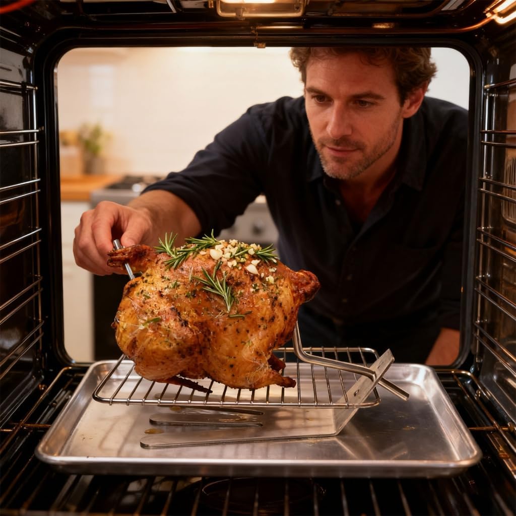 Commercial Grade Chicken Rotisserie Rack Heat Immune Rustless Construction Accommodates Baking Dishes and Current Ovens