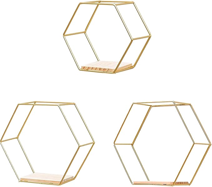 QAKILW Set of 3 Hexagon Wall Shelves, Geometric Hexagon Shaped Mounted