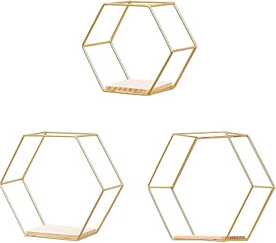 FQQWEE Hexagonal Floating Shelves Wall Decor Set of 3 Metal Wire Wall Mounted Honey Comb Shelves Decorative Geometric Floating Wall Storage Shelves for Bedroom Living Room Home Office