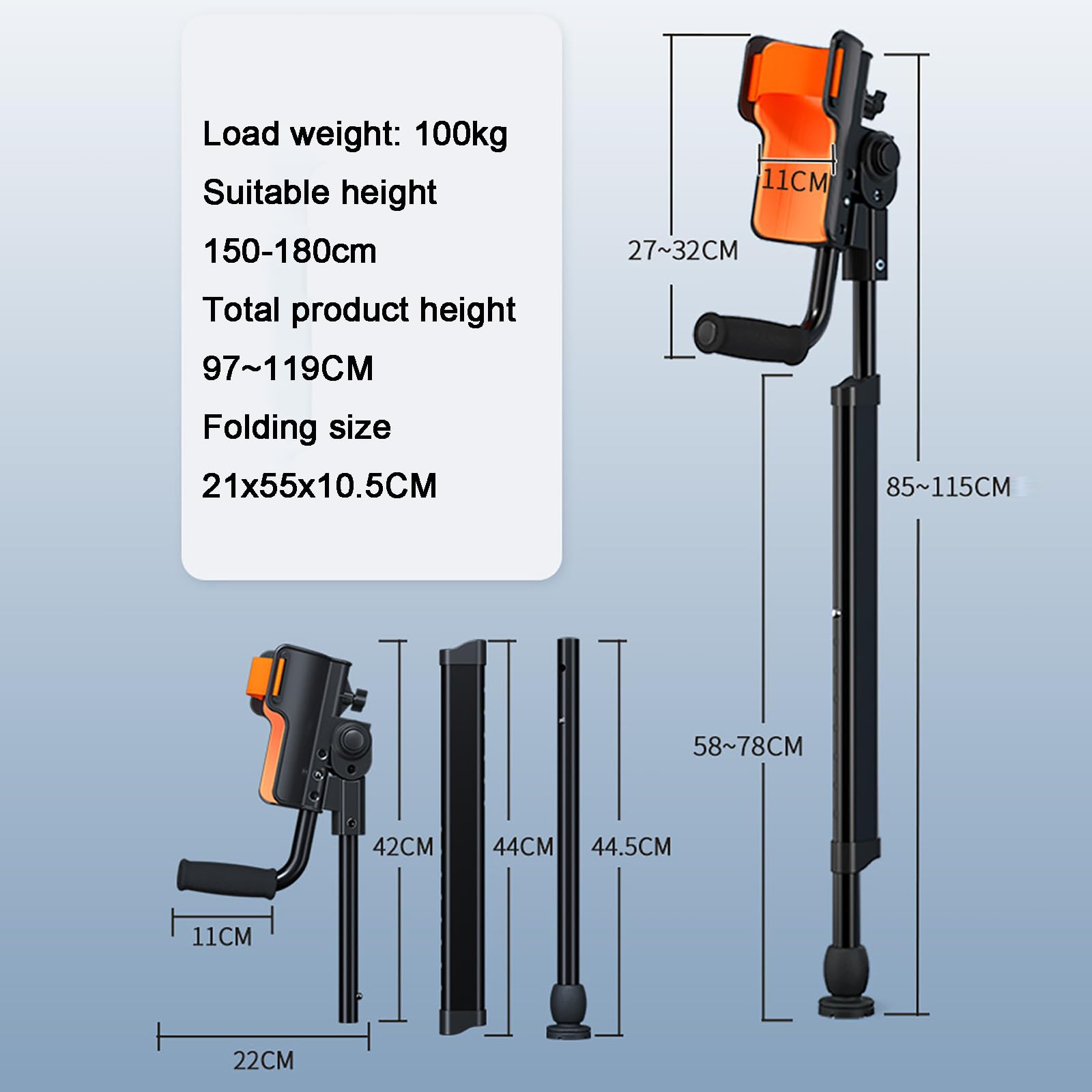 Muletas plegables para antebrazo, muletas de codo portátiles, altura ajustable de 150 a 180 cm, soporta hasta 100 kg, soporte de codo de 3 velocidades para lesiones de piernas