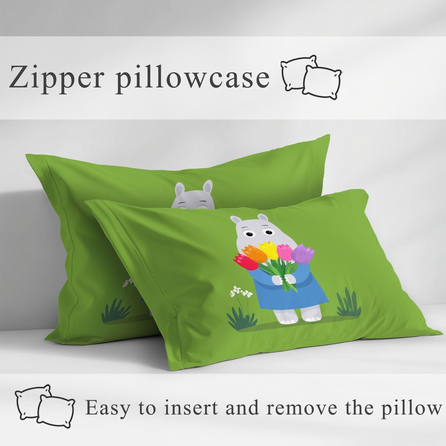 Kinderzimmer Spannbettlaken 200 x 200 cm - Mikrofaser Nilpferd mit Blumenstrauß, Fröhlich Bettwäsche-Set, Geometrisch, Cartoon, Fröhlich with 30 cm Tiefe Tasche Bettlaken