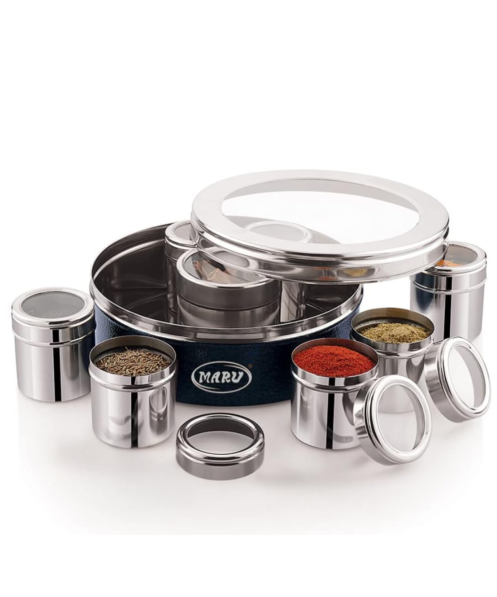 MARU Stainless Steel 8 in Masala Dabba - Authentic Indian Spice Box Set for Kitchen, Spice Rack Container Indian Masala Spice Boxes, See Through Lid 8 Containers, 3 Spoons (20.5Cms) (Blue)