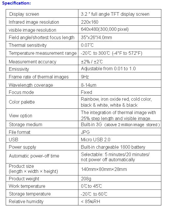 Table of specifications for the HT-A1 thermal imager, listing display, resolution, temperature range, accuracy, and other technical details.