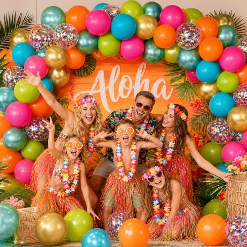Image of Tropical Rainbow Balloons Kit, 50 Pcs 12 Inch Hawaiian Teal Orange Pink Metallic Green Gold Confetti Balloons for Girl Kid Summer Beach Luau Aloha Pool Birthday Back to School Party Decorations