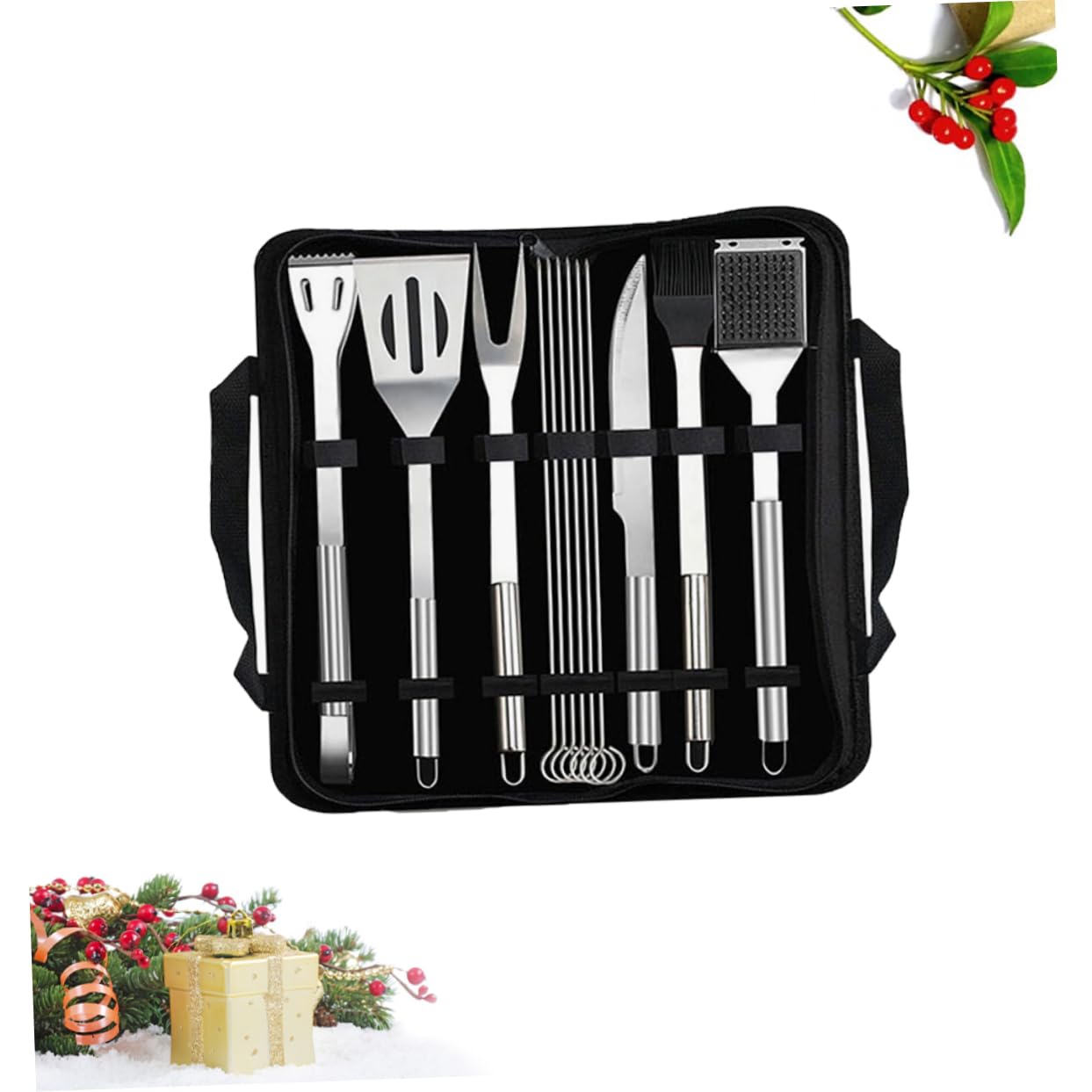 Set Utensili Barbecue 12 Pezzi in Acciaio Inox con Borsa Nera | Spatola, Pinza, Coltello, Forchetta, Spazzola e Spiedo, per Picnic e Campeggio, Accessori da Griglia