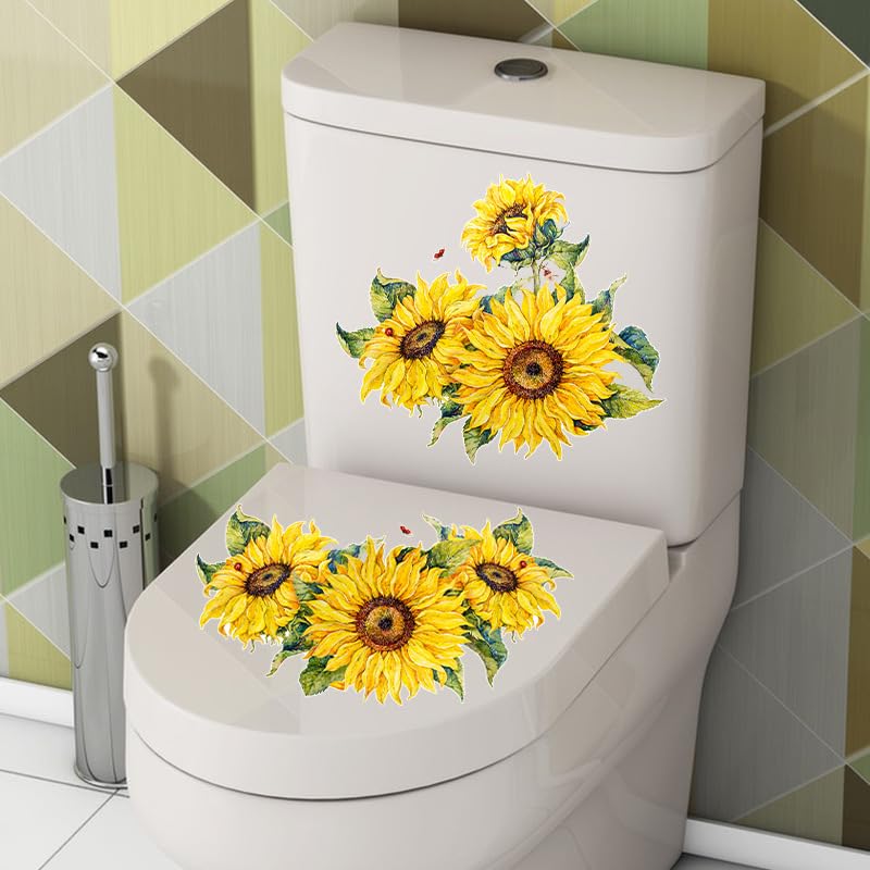 Valentine's Sunflower Toilet Cover Sticker Decals,Christmas Sunflower Waterproof Toilet Lid Tank Seat Decals Cistern Self-Adhesive Bathroom Wall Sticker