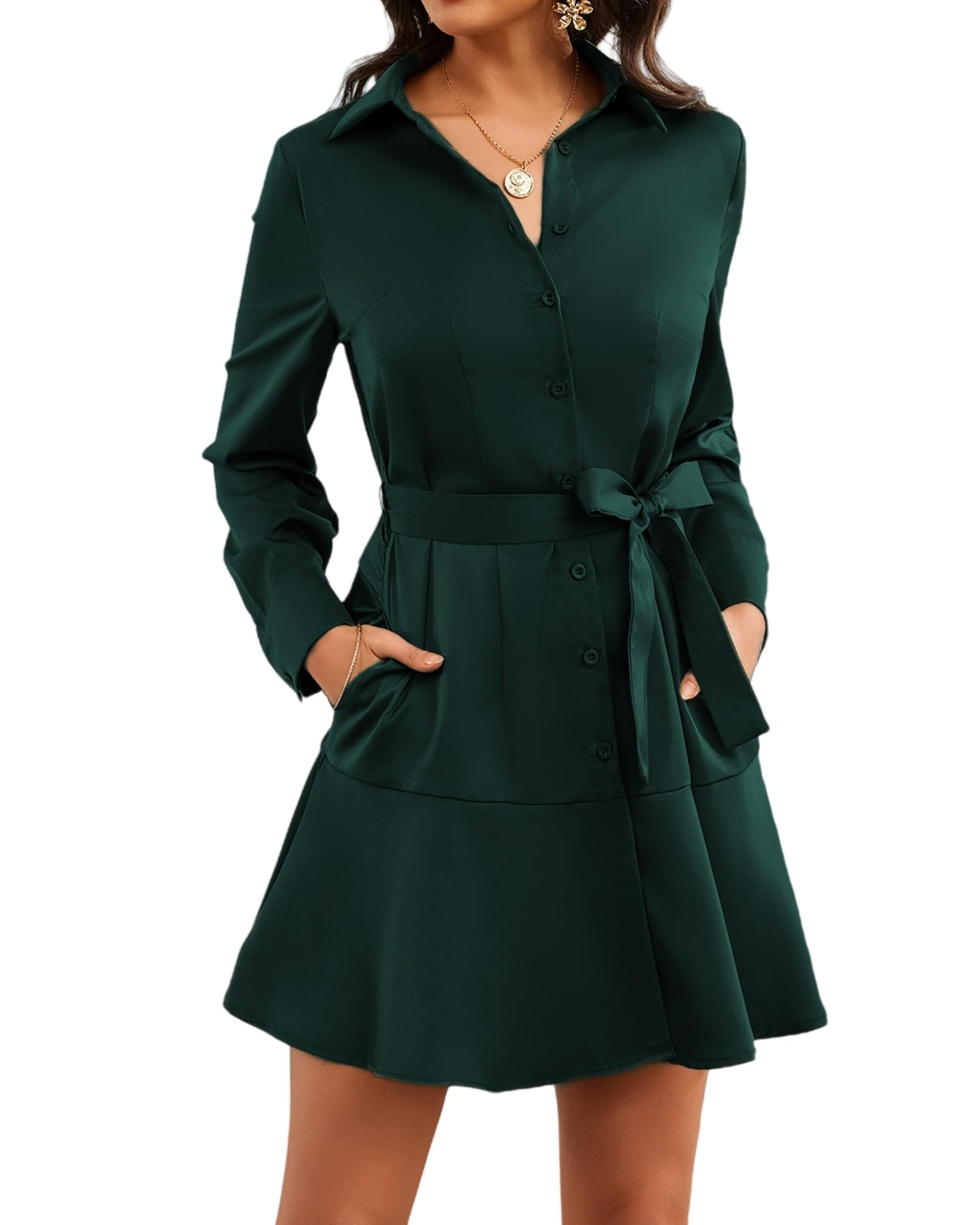 Women's Long Sleeve Button Up Midi Belt Shift Collar Dress with Pockets for Work Office Business