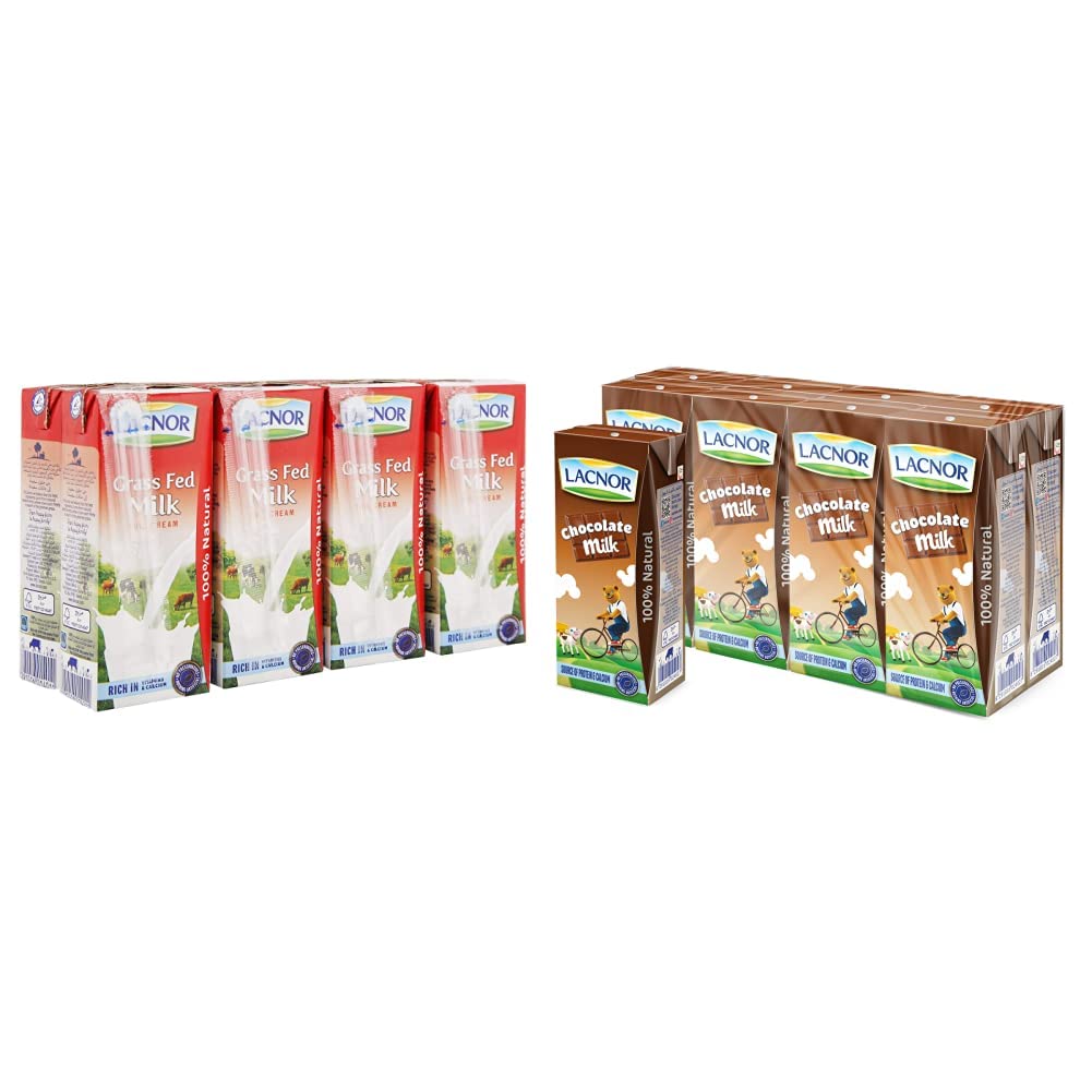 Lacnor Essentials Full Cream Milk 180ml x 8 Pieces & Essentials Chocolate Milk, 100% Natural, Rich in Vitamin and Calcium, 28% Reduced Sugar, 180 ML Pack of 8
