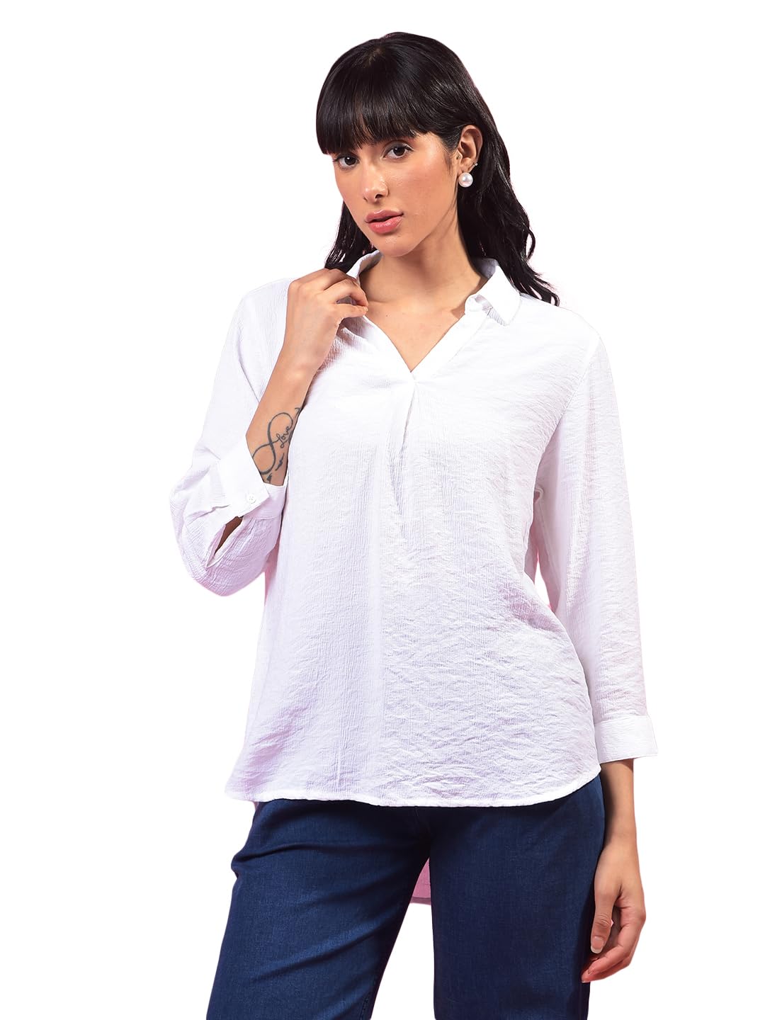 crimsoune club Women's White Textured 3/4th Sleeves Linen Top-picture-19