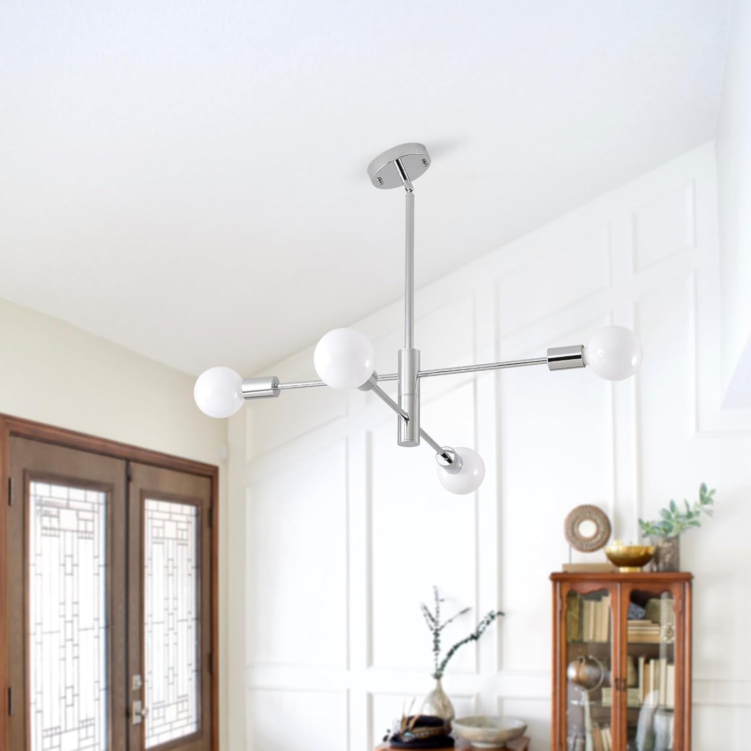 HHR Modern Sputnik Chandelier, Industrial 4-Light Chrome Ceiling Chandelier, Mid Century Light Fixture for Farmhouse Dining Room, Height Adjustable Chandeliers for Kitchen Island