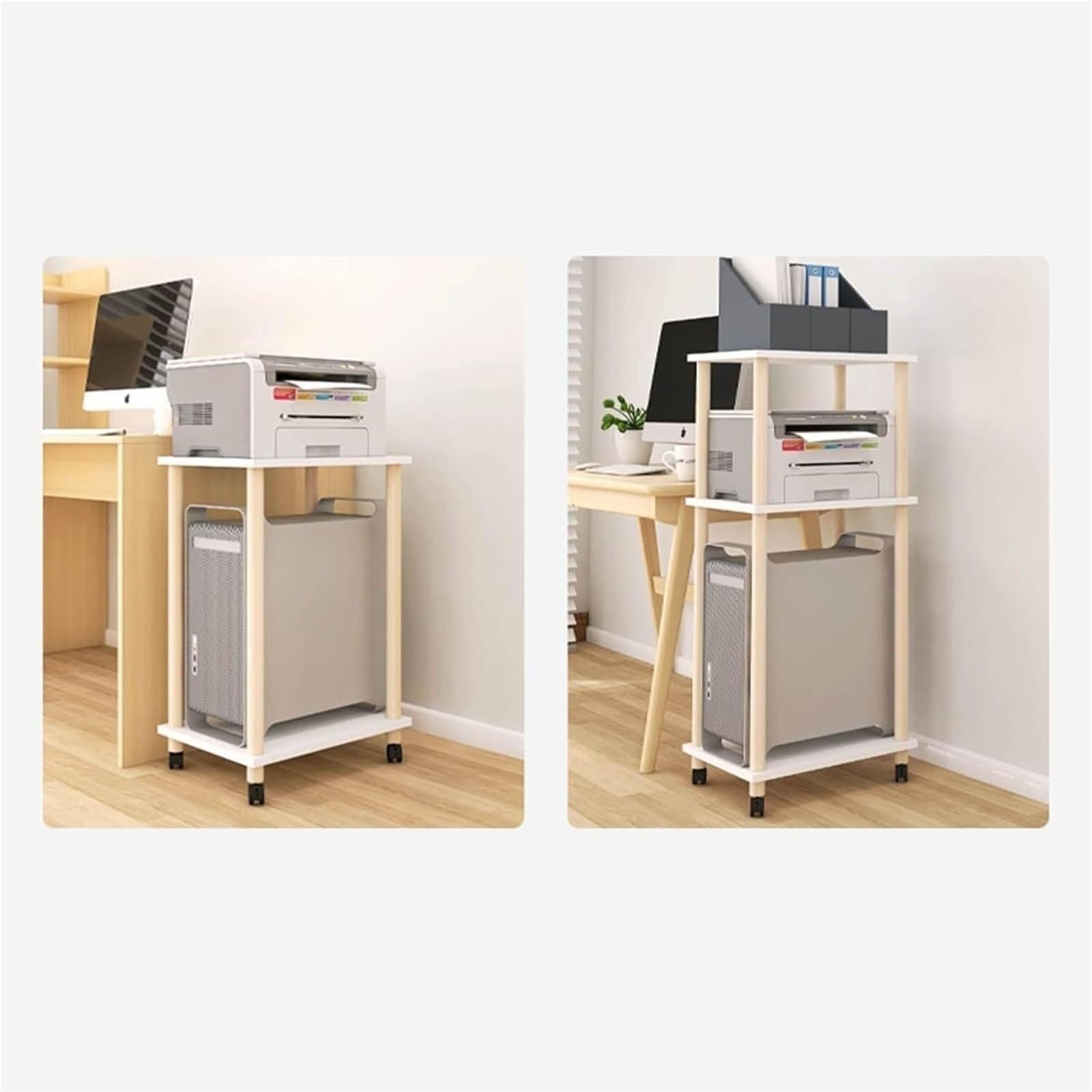 Druckerständer, Holz, Robustes Desktop-Aufbewahrungsregal mit Rädern, bodenstehende Aufbewahrungsregale, 2-stufig, Mehrzweck für Zuhause, Büro (59 * 44 * 72,4 cm)