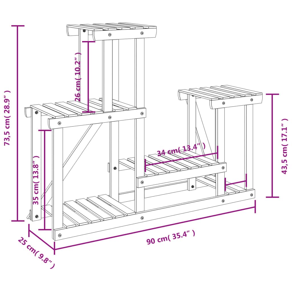SYDE Supporto per fiori in legno di abete, 90 x 25 x 73,5 cm | Carbonizzato artigianale, resistente all'umidità, uso interno ed esterno, fissaggio a parete incluso