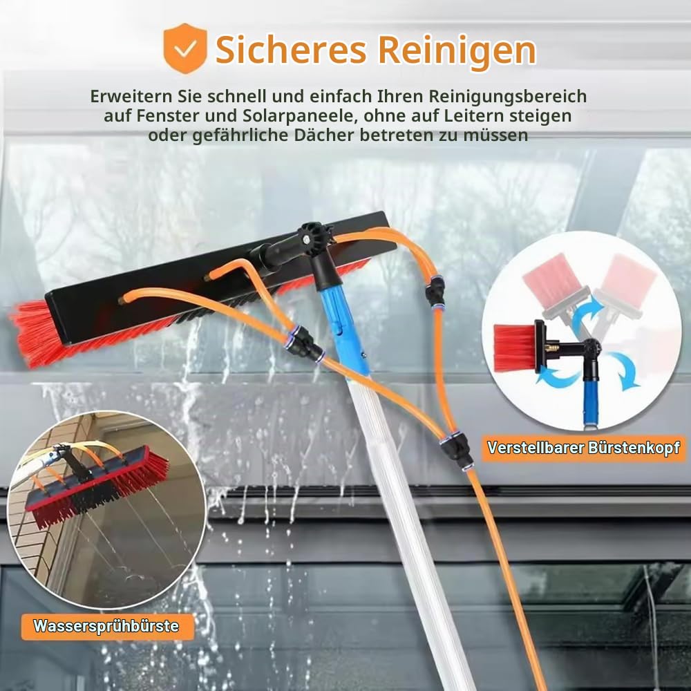 10m wasserführende Teleskopstange mit 55cm Flex-Bürstenkopf | 180° verstellbar | inkl. 20m Frostschutzschlauch & Zubehör,Mit Aufbewahrungstasche | Für Solaranlagen, Fenster, Wohnmobile, LKW, Boote