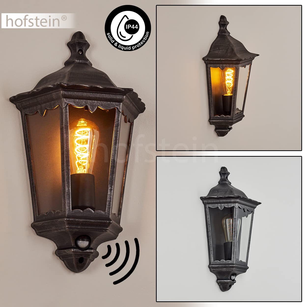 Applique d'extérieur Hongkong avec détecteur de mouvement, lampe murale à l'aspect antique, métal/verre en noir-argent/clair,applique rétro/vintage,douille E27, pour terrasse/cour/entrée,sans ampoules