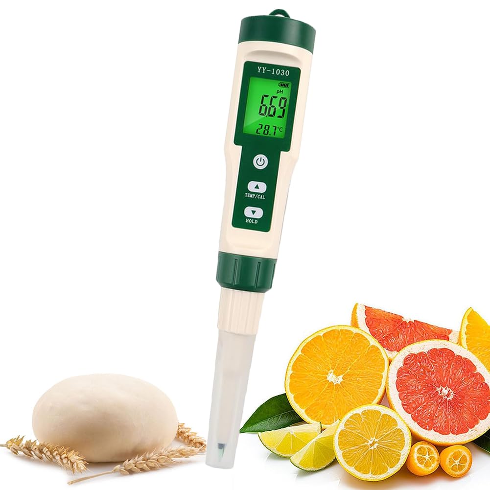 Professional Food PH Meter, Digital Food PH Meter Tester with Temperature Probe, Large HD Screen, Automatic Temperature Compensation, IP67 Waterproof, for Dough, Water Quality, Cheese, Meat