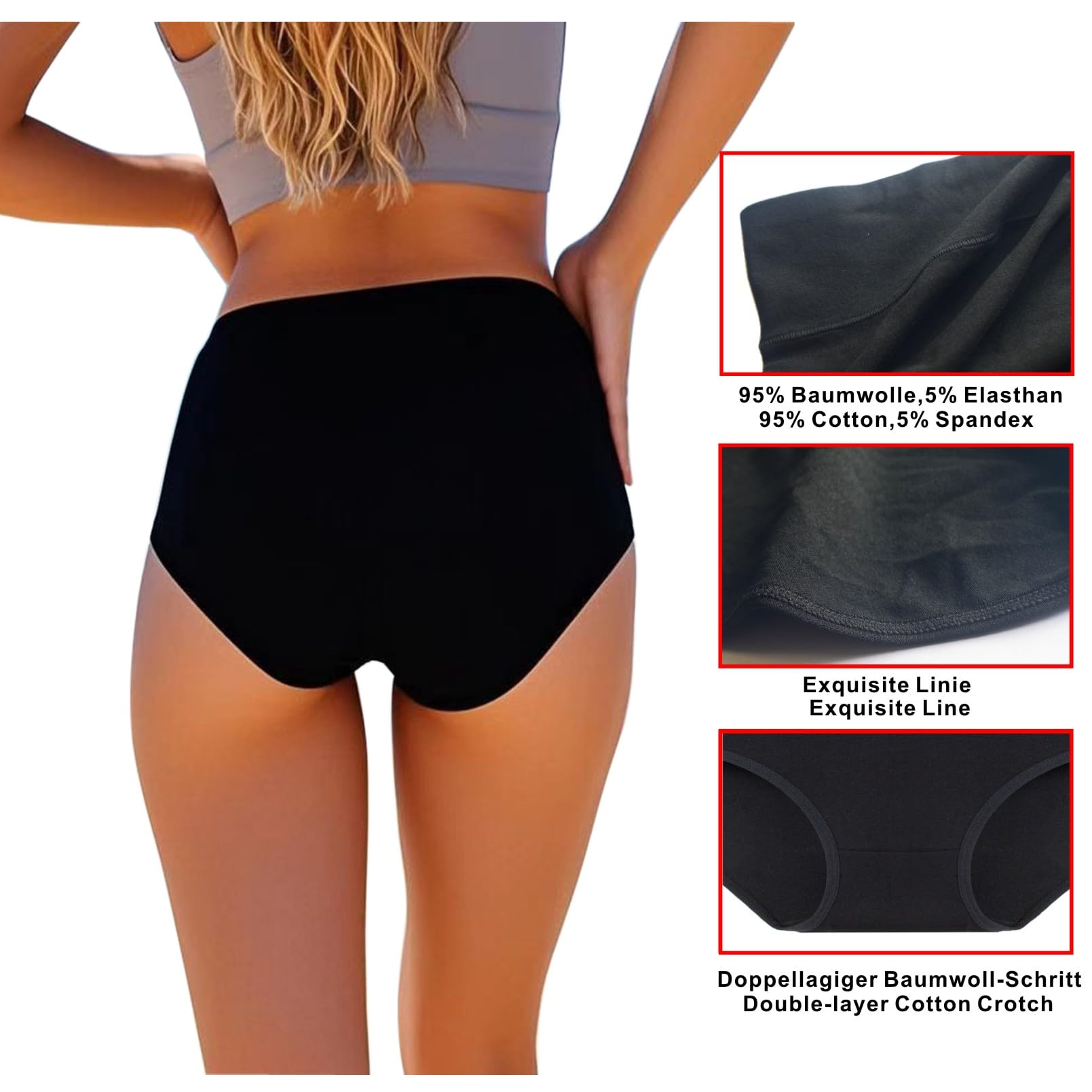 KIANOOL Mutande Cotone Donna Vita Alta, Slip Cotone Mutantina Elastiche Mutande Donna, Nero Slip Pacco da 4