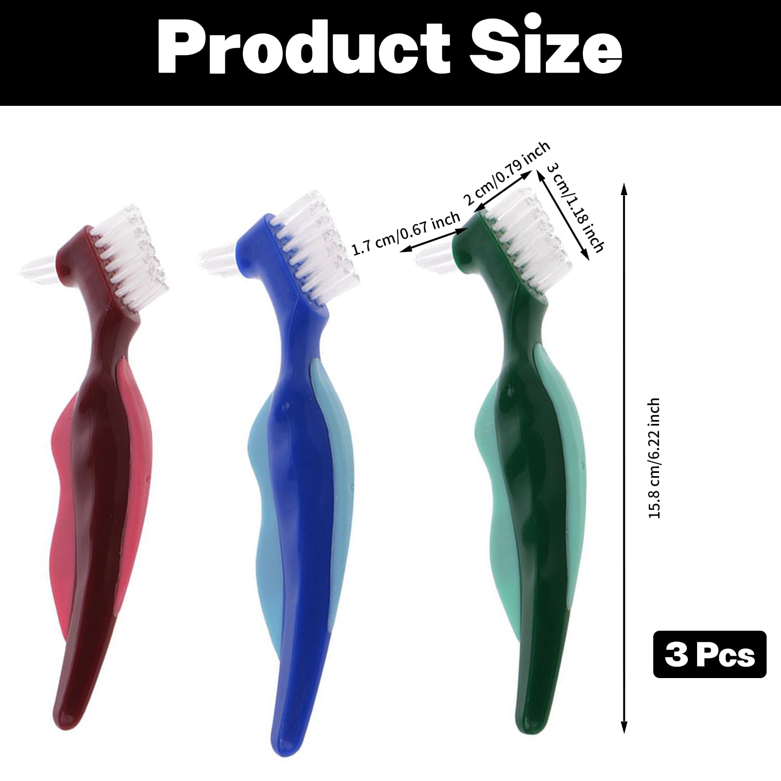 3pcs Spazzola Pulizia Dentiera, Spazzolino per Dentiera a Doppia Testa, Spazzole Protesi Dentale con Setole Multistrato, Spazzolino a Setole Dure per Denti Finti Ergonomico per Protesi Care